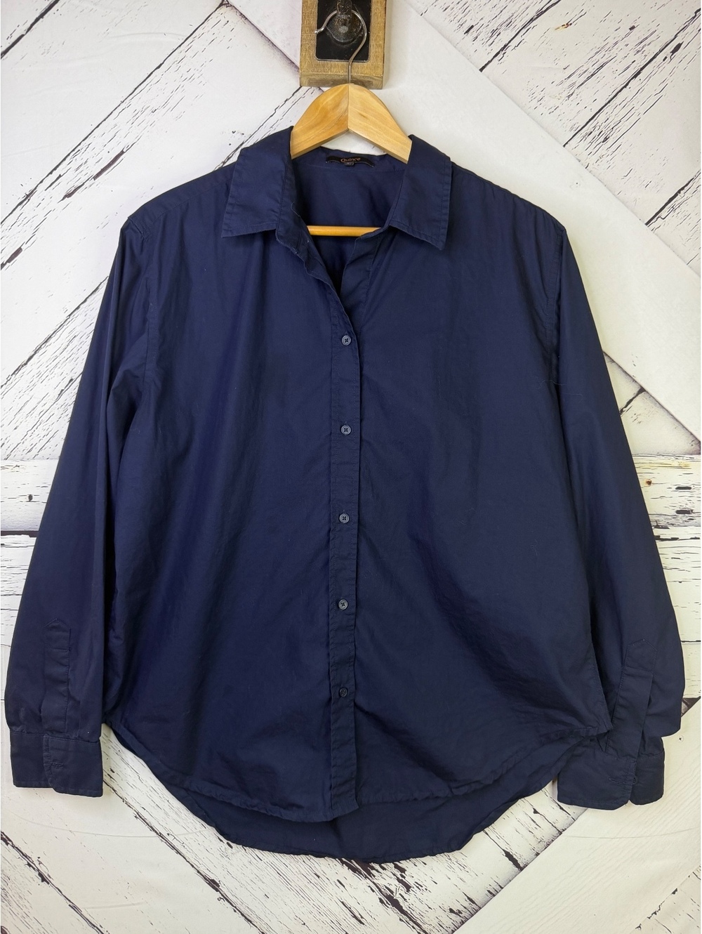 Quince 100% Organic Cotton Poplin Minimalist Luxury Blouse Shirt Navy Women’s LG